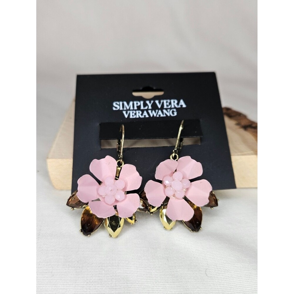 Simply Vera Wang Pink Floral Drop Earrings Gold Tone Statement Dangle Spring